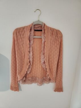 Lace-Trim Peach Open-Front Women's Cardigan